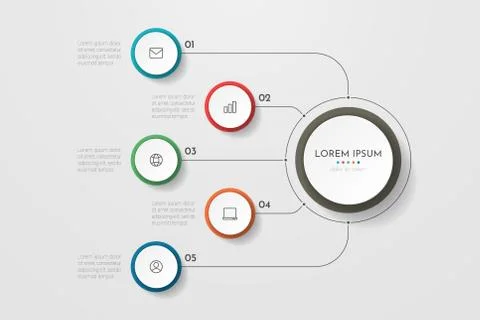 Infographics business process with 5 steps or options circles Stock Illustration