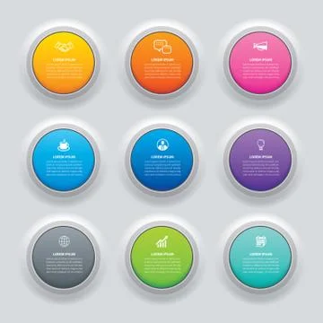 Infographics circle button with 9 data template. Vector illustration abstract Ilustración de archivo