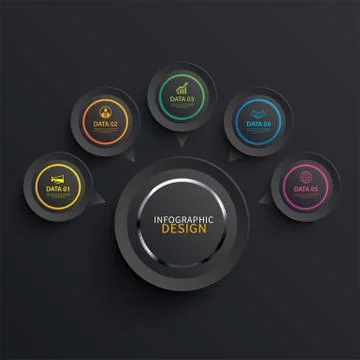 Infographics circle paper with 5 data template in dark background. Vector ill Ilustración de archivo