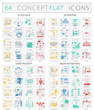 Infographics concept icons of cloud data, 3d printing, game industry, media Stock Illustration