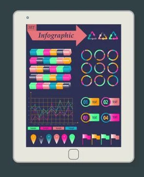 Infographics Concept on a white Tablet PC. Template elements for web and mobile Stock Illustration