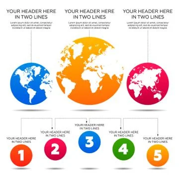 Infographics elements. World map, 5 steps 스톡 일러스트
