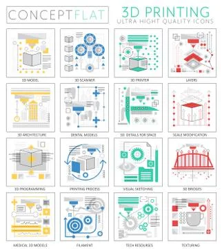 Infographics mini concept 3d printing technology icons for web. Premium quality Stock Illustration