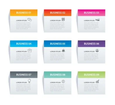 Infographics rectangle paper index with 9 data template. Vector illustration  Stock Illustration