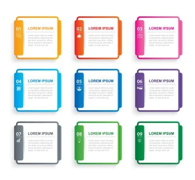 Infographics rectangle paper index with 9 data template. Vector illustration  스톡 일러스트