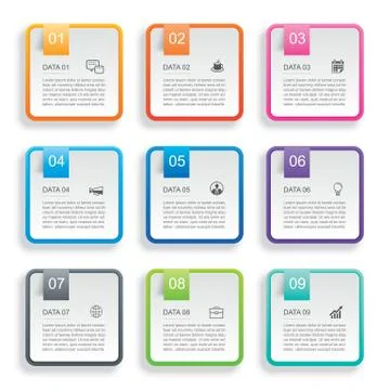 Infographics rectangle paper index with 9 data template. Vector illustration  스톡 일러스트