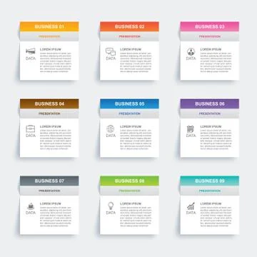 Infographics rectangle paper index with 9 data template. Vector illustration  イラスト素材