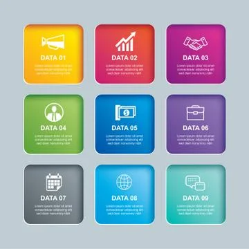 Infographics rectangle paper index with 9 data template. Vector illustration  스톡 일러스트
