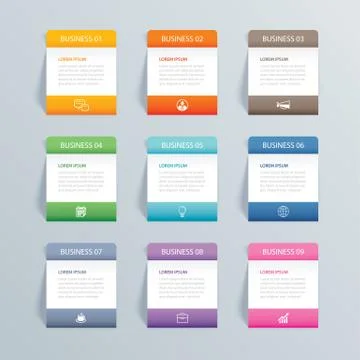 Infographics rectangle paper index with 9 data template. Vector illustration  스톡 일러스트