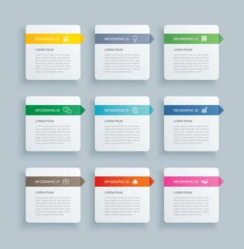 Infographics rectangle paper index with 9 data template. Vector illustration  Illustrazione stock