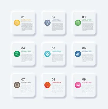 Infographics rectangle paper index with 9 data template. Vector illustration  イラスト素材