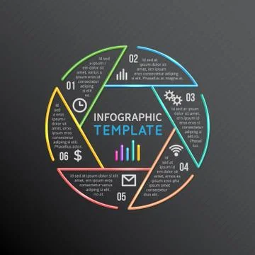 Infographics report template layout circle vector line shape with 6 options Stock Illustration