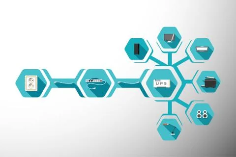 Infographics set of desktop computer periphery electrical connection with hex Stock Illustration