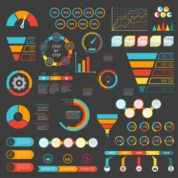Infographics set. Funnel, chart, graph, arrows, diagram, gauge, speedometer.  Stock Illustration