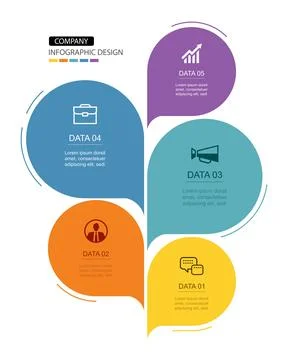 Infographics speech bubbles timeline with 5 number data template. Illustrat.. Stock Illustration