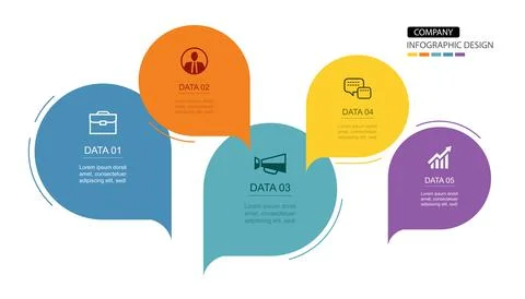 Infographics speech bubbles timeline with 5 number data template. Illustrat.. Stock Illustration