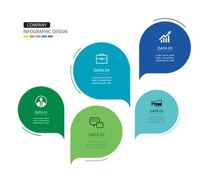 Infographics speech bubbles timeline with 5 number data template. Illustrat.. Illustrazione stock