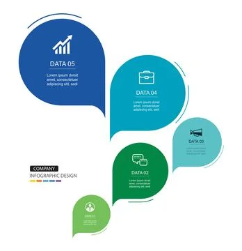 Infographics speech bubbles timeline with 5 number data template. Illustrat.. Stock Illustration