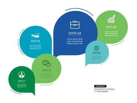 Infographics speech bubbles timeline with 6 number data template. Illustrat.. Stock Illustration