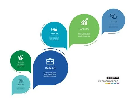 Infographics speech bubbles timeline with 6 number data template. Illustrat.. Stock Illustration