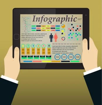 Infographics on the Tablet PC and Hands. Vector Stock Illustration