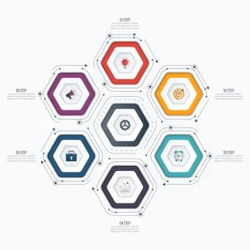 Infographics template 6 options with hexagon Stock Illustration