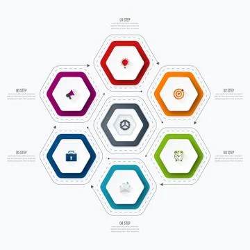 Infographics template 6 options with hexagon Stock Illustration