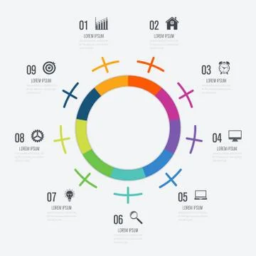 Infographics template 9 options with circle Stock Illustration
