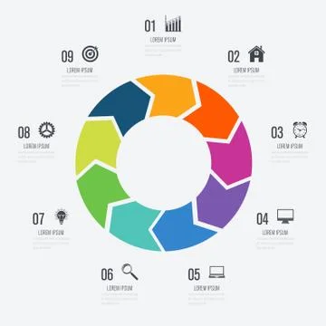Infographics template 9 options with circle Stock Illustration