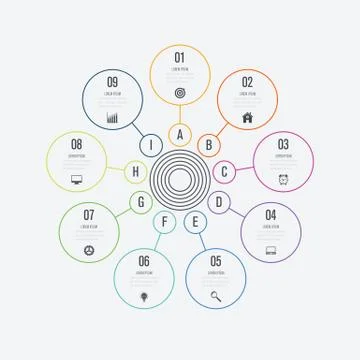 Infographics template 9 options with circle Stock Illustration