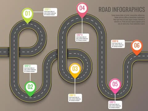 Infographics template with road map using pointers. Top view vector element.. Stock Illustration