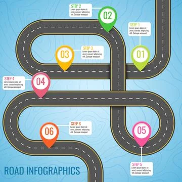Infographics template with road map using pointers. Top view vector element.. Stock Illustration