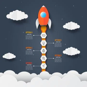 Infographics template of rocket through the clouds. icons and text. Successfu Stock Illustration