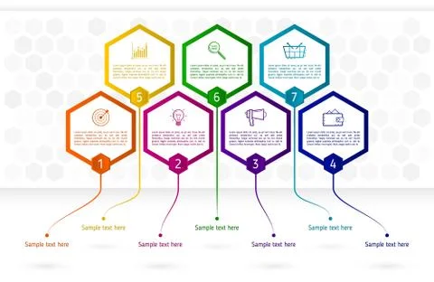 Infographics template with seven hexagon elements. Abstract colorful business Stock Illustration
