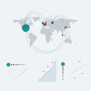 Infographics template with world map and line art graphs, charts. Data report Stock Illustration