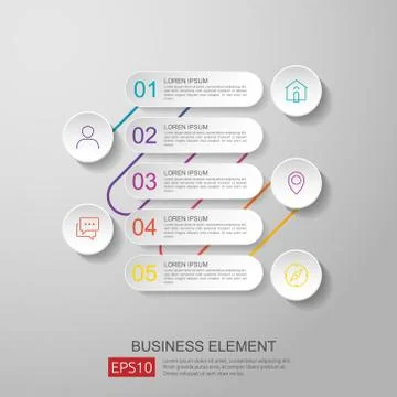 Infographics timeline element with 3D paper label, integrated circles. Busine Stock Illustration