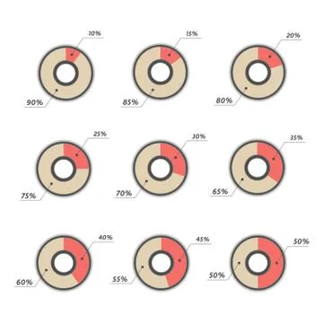 Infographics vector: 10%, 15%, 20%, 25%, 30%, 35%,  40%, 45%, 50%  pie charts Stock Illustration