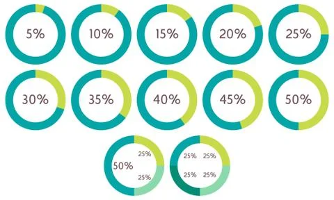Infographics vector: 5%, 10%, 15%, 20%, 25%, 30%, 35%, 40%, 45%, 50% pie charts 스톡 일러스트