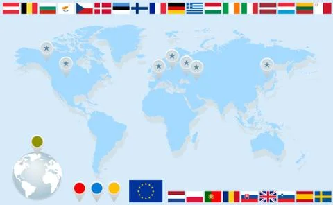 Infographics. world map, flags of eu countries and pointers. Ilustração Stock