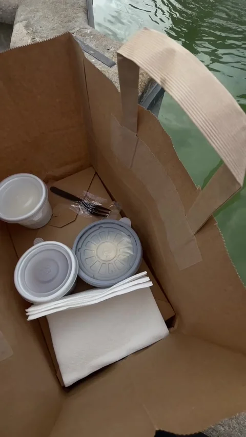 Informal outdoor meal setup close to natural landscape and water fountain Vidéo 335434148