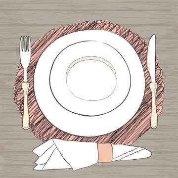Informal vector table setting. Tableware and eating utensils are set at the t Stock Illustration