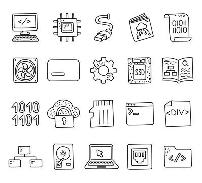 Informatics set in outline line art Stock Illustration