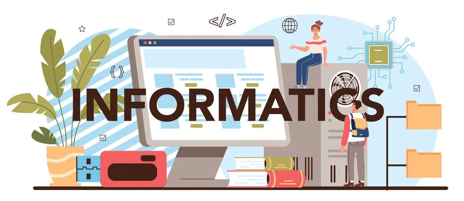 Informatics typographic header. IT education, student write software Stockillustratie