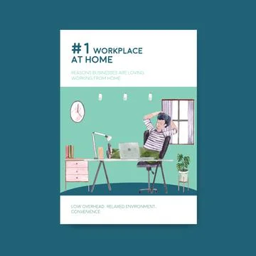 Information advice template when people are working from home. Home office co Stock Illustration