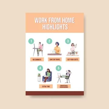 Information advice template when people are working from home. Home office co Stock Illustration