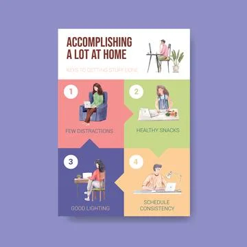 Information advice template when people are working from home. Home office co Stock Illustration