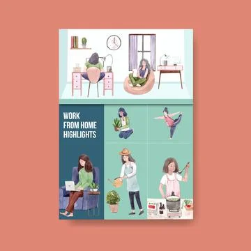 Information advice template when people are working from home. Home office co Stock Illustration