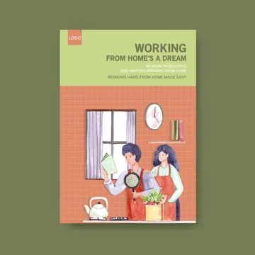 Information advice template when people are working from home. Home office co Stock Illustration