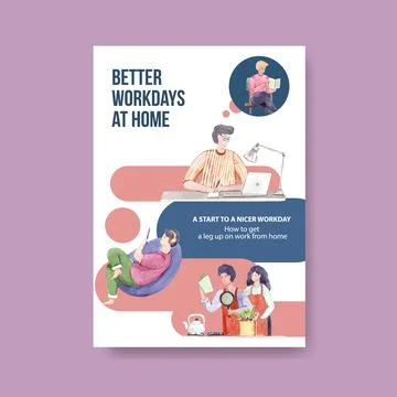 Information advice template when people are working from home. Home office co Stock Illustration