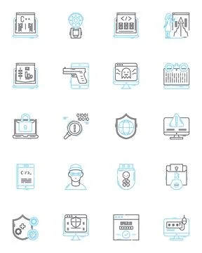 Information age linear icons set. Connectivity, Digitization, Cybersecurity Stock Illustration
